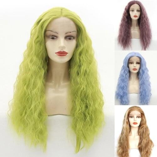 New Sexy Cosplay Hand Tied Light Green Color Natural Long Loose Wave Heat Resistant Fiber Hair Glueless Synthetic Lace Front Wig