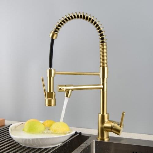 Top Quality Brushed gold 600mm high brass Kitchen sink faucet Pull out Spring Kitchen faucet Cold hot water High quality faucet