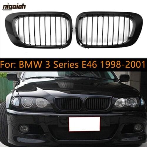 Glossy Black Front Bumper Racing Grills For BMW 3 Series 4-Door E46 Sedan Middle Grille Replacement Single Line 1998-2001