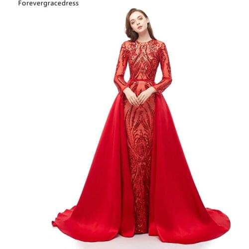 Forevergracedress Red Prom Dresses Detachable Train Long Sleeves Holidays Graduation Wear Party Gowns Plus Size Custom Made