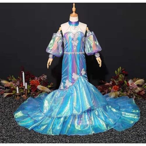 Flower Girl Dresses High Full Off The Shoulder Embroidery Beading Princess Floor-Length Jersey Luxury Blue Kids Party Gown H561