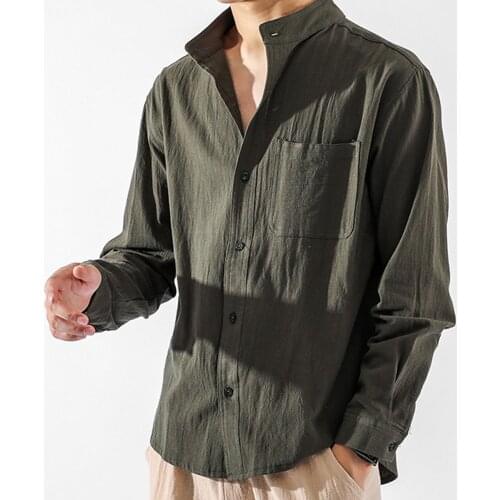 Men Solid Color Pocket Stand Collar Buttons Shirt Top Cotton Linen Loose Coat