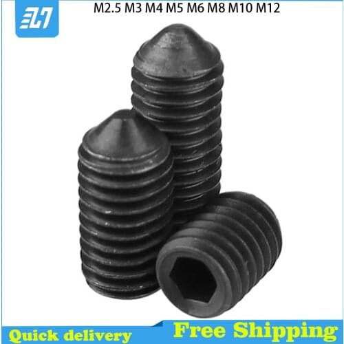 Hex Socket Cone Point Set Hexagon Grub Screw With Hex Key Headless DIN914 Black Carbon Steel M3M4M5M6M8M10M12M16