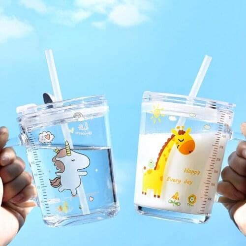 Milk Glass Cup with Straw Coffee Cute Creative Cocktail Beer Water Juice Drink Glass Cup Animal Breakfast Tazas Drinkware 50