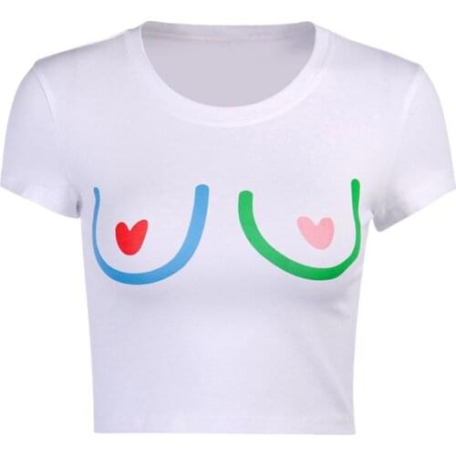Women Short Sleeve T-Shirt Sexy Contrast Color Heart Print Slim O-Neck Crop Top A0NF