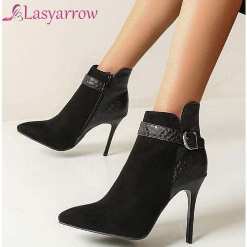 Lasyarrow 2020 newest thin high heel dress party shoes women ankle boots snake mixed colors buckle zip autumn winter boots woman