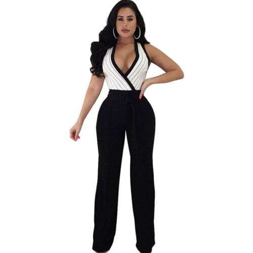 2018 Women Elegant Black Formal Jumpsuits and Rompers Sexy V-Neck Sleeveless Loose Wide Leg Pants Party Club Overalls with Belt