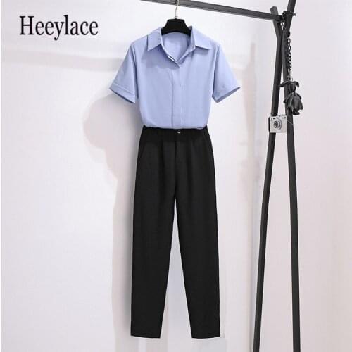 Office Ladies Elegant Long Pants Sets For Women Short Sleeve Solid Turn down collar Chiffon Top And long Pants Two Pieces Sets