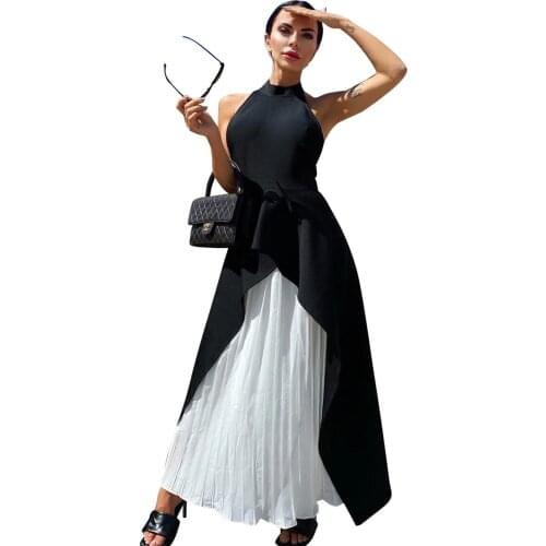 Sexy Cloak Top And Maxi Skirt Set Two Piece Suits Women Halter Neck Backless Split Tops + Chiffon Pleated Dress Club Outfit