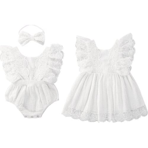 Summer Sisters Matching Clothes Fly Sleeve Lace Tutu Romper+Headband 2Pcs Outfit Fly Sleeve Lace White Dress Sundress Set