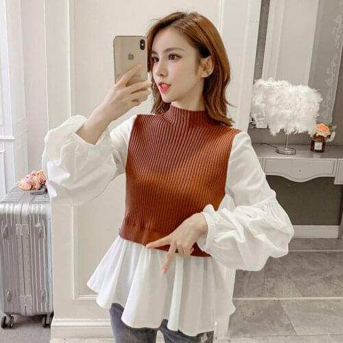 Women Knit Patchwork Fake Two-Piece Tops Slim Fit Lantern Sleeved Shirt Tide Turtleneck fashion Pullover Sweater Female coat new