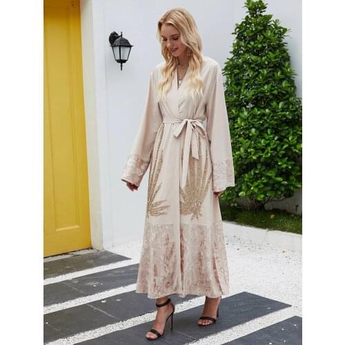Donsignet Muslim Womans Dress Muslim Fashion Beaded Flower Cardigan Robe Islamic Dubai Middle East Arab Muslim Dress Belt