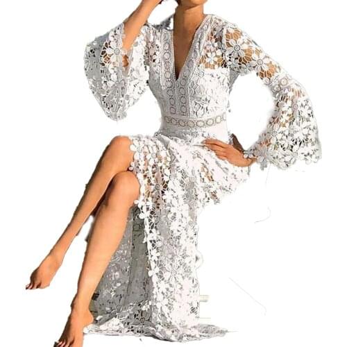 2021 Sexy See Through V Neck Hollow Out White Lace Dress High Waist Maxi Vestidos Elegant Women Beach Holiday Long Dresses Boho