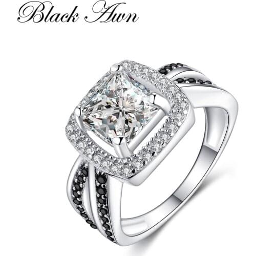[BLACK AWN] Square Wedding Black&White Stone Rings for Women Genuine 100% 925 Sterling Silver Jewelry C195