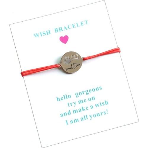 10pcs/lot Stainless Steel Love Dog Paw Wish Card Bracelet For Women Girls Adjustable Friendship Cord Lucky Bracelet