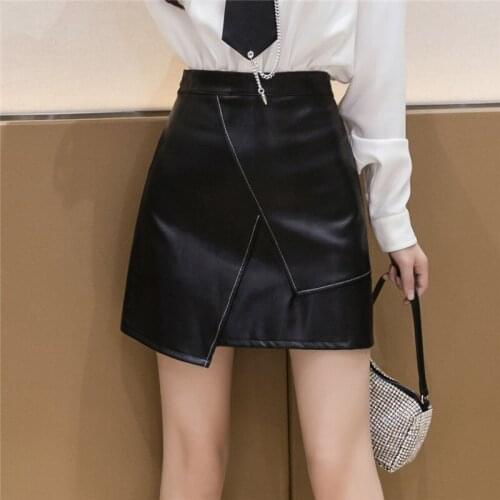 2021popular PU Woman Skirts Asymmetry Black Leather Wrap Hip Skirt Sexy Ladies Leather Wrap Hip Mujer Faldas MINI Skirts A025