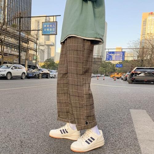 Spring And Autumn Cotton Plaid Pants Mens Fashion Retro Casual Pants Men Streetwear Korean Loose Straight Wide Leg Pants Mens