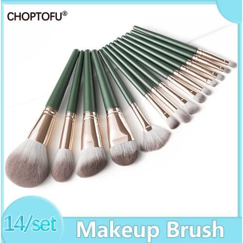 CHOPTOFU 14pcs Makeup Brushes Set Green Matte Wood Handle Eyeshadow Powder Concealer Cosmetic Eyebrow Beauty Tool