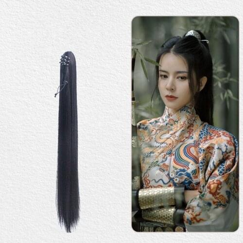 60cm Black Long Hair With Clips Ponytail Hair Piece Antique Hairstyling Swordsman Warrior Accessories Han Dynasty Dress Up