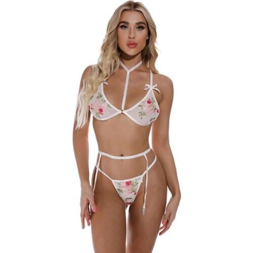 Women Sexy Underwear Set Embroidery Spaghetti Strap Bikini Tops+ Panties Female Lace Erotic Intimates