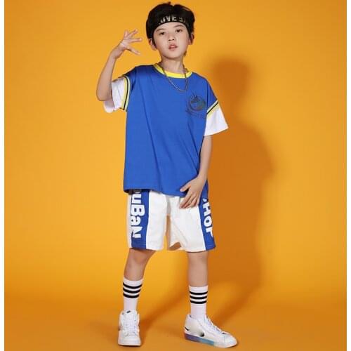 2021 New Summer Loose Short-Sleeved Shorts Suit Boys Hip-Hop Hiphop Jazz Performance Clothes Street Dance Rave Clothes DQS7112