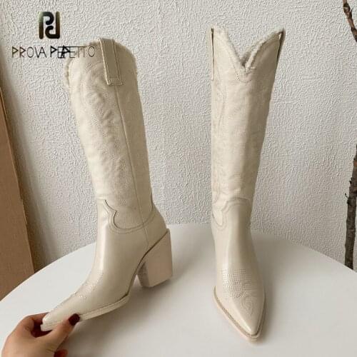 Embroidered Cowboy Boots Autumn and Winter New Style Cowhide Stitching Cowboy Pointed Retro Thick High Heel Knee-length Boots