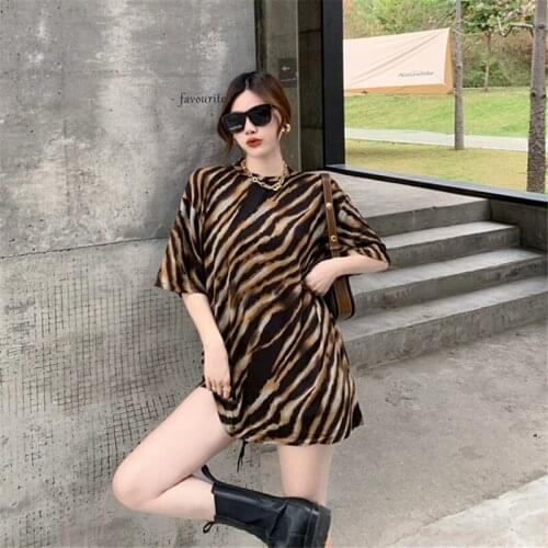 Summer retro zebra print loose short-sleeved T-shirt womens bottoming shirt all-match casual college style women