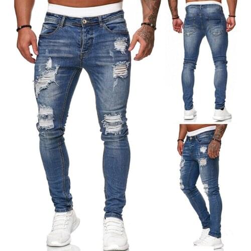 Men Stylish Ripped Hole Jeans Denim Pants Pockets Button Skinny Long Trousers Denim Pants Pockets Button Skinny Long Trousers