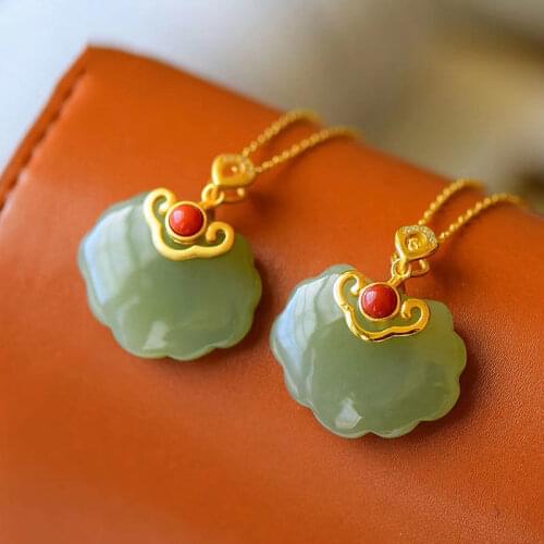 Natural Hetian White Jade Auspicious Lock of Good Wishes Square Plate Pendant S925 Sterling Silver Gilding Craft Inlaid Lucky