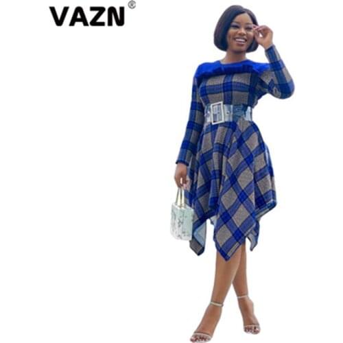 VAZN New 2021 New O-neck Plaid Evening Gown Women Elegant Fashion Maxi Dress Slim Dress Club Birthday Shinny Dress