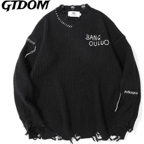 GTDOM 2021 Autumn Winter New Hole Sweater Cotton Korean Style Loose Street O-Neck Long Sleeve Letter Printing Mens Clothes
