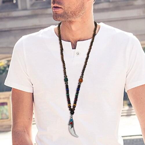 Handmade New Nepal Buddhist Mala Wood Beads Horn Name Necklaces Vintage Pendant Men Long Necklace Gifts