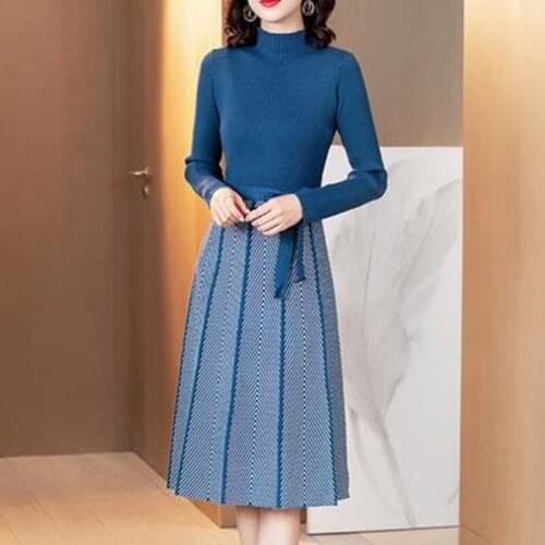 Autumn Winter Women Dress High Collar A-line Sweater Knit Dress Women New Thickened Arrow Striped Elegant Sashes Knitted Dress