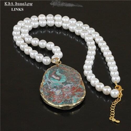 Natural colorful stone necklace white round pearl beads with druzy quartz stone pendant necklace for women statement jewelry