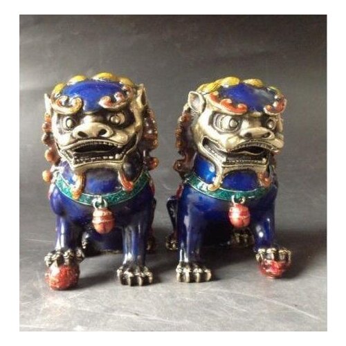 A Pair Chinese Cloisonne Copper Statue - Lion Foo Dog NR