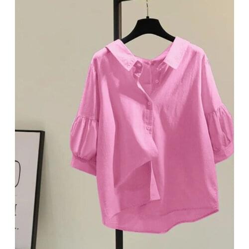 Lantern Sleeved Cotton Linen Solid Women Shirts Summer Vintage Loose Turn-Down Collar Female Outwear Coats Tops