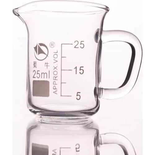 With handle beaker in low form,Capacity 25ml,Outer diameter=38mm,Height=53mm,Laboratory beaker with handle