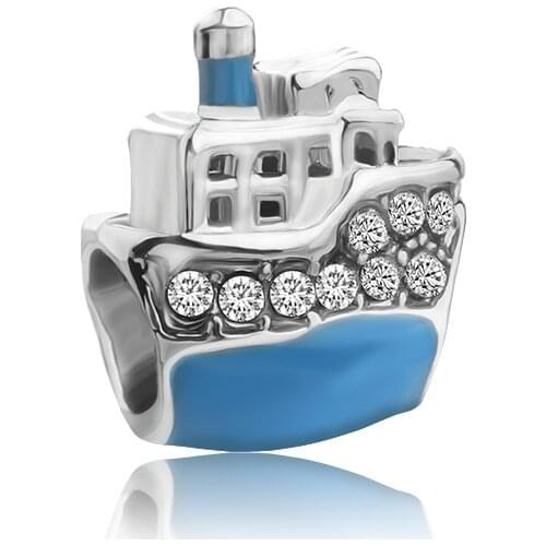 Blue Enamel Steamship Bead Fit Original Pan Charms for Bracelet Women Clear CZ Steamboat Cruise Ship Beads DIY Fine Jewelry Gift