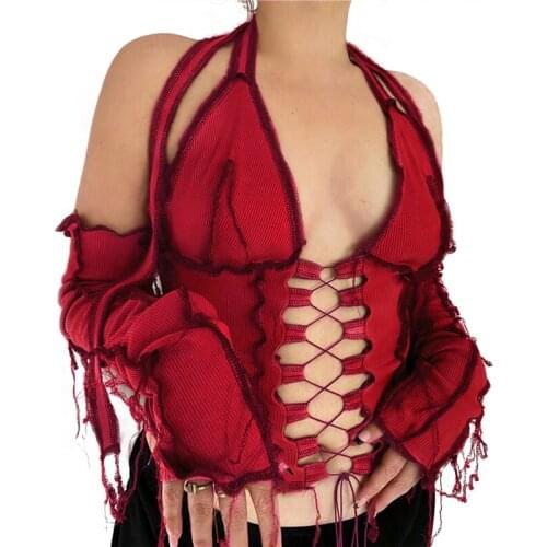 Spring Fall Womens Cropped T Shirt Hollow Crop Top Lace-up Patchwork Party Summer Neck-Hanging Clothes Ruffle Mittens T Shirt