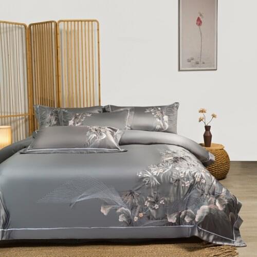 Chinese Style High-end Bamboo Embroidery White Gray Bedding Set Satin Silk Cotton Duvet Cover Flat or Fitted Bed Sheet Pillowcas