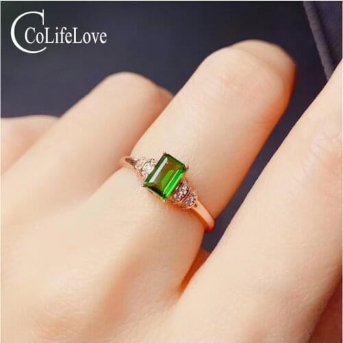 CoLife Jewelry 925 Silver Diopside Ring 4*6mm Emerald Cut Natural Diopside Silver Ring Gift for Wife Fashion Silver Gem Ring