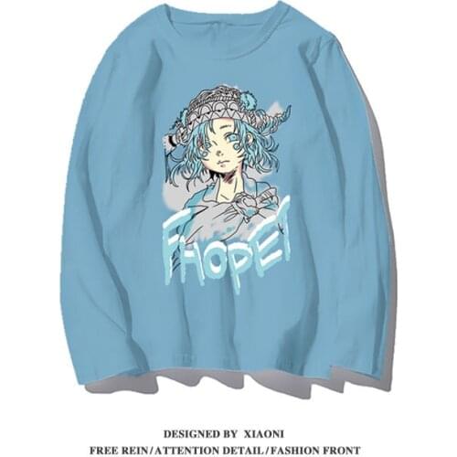 2021 Harajuku Blue Tops Women Cartoon Long Sleeve T Shirts Streetwear Summer Japan Cotton Casual Cute High Street Tshirt Women