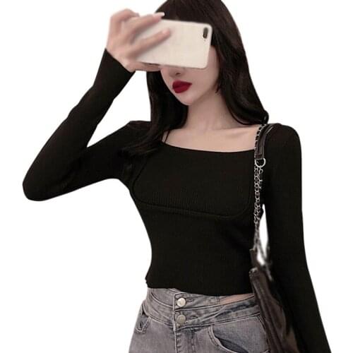 Womens Square Collar Tshirt Solid Color Casual Navel Exposed Long-sleeved Knit Tee Spring Tops