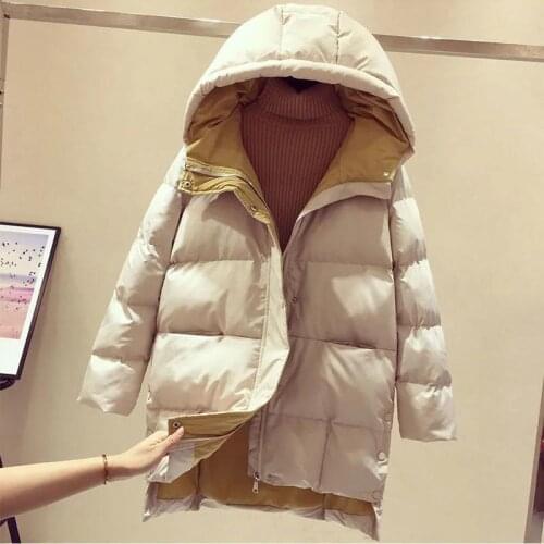 2021 winter womens hooded zipper loose down jacket womens solid color mid-length cotton jacket new