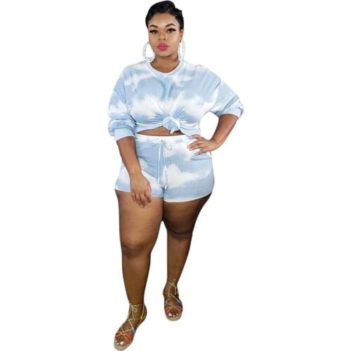 Plus Size Womens Suit Tie Dye Printed Top Shorts Fashion Casual Two Piece Suit Long Sleeve Casual Female Spring Clothes