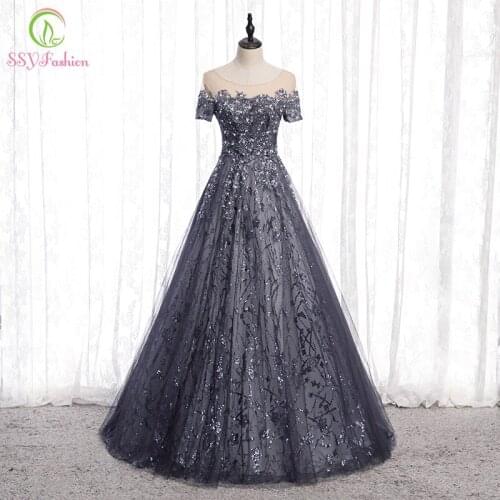 SSYFashion Banquet Elegant Grey Evening Dress Short Sleeve Floor-length Sequins Appliques Party Formal Gowns Vestidos De Noche