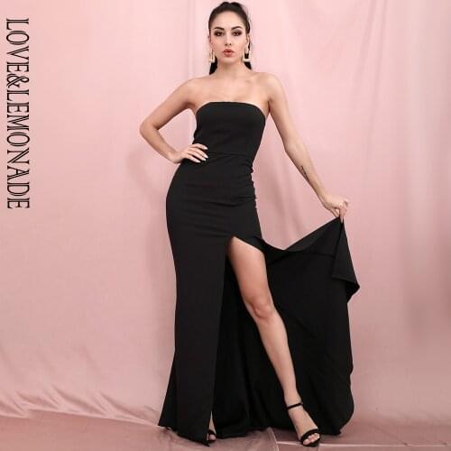 LOVE&LEMONADE Sexy Black Tube Top Bodycon Whit Split Trailing Party Maxi Dress LM81481B