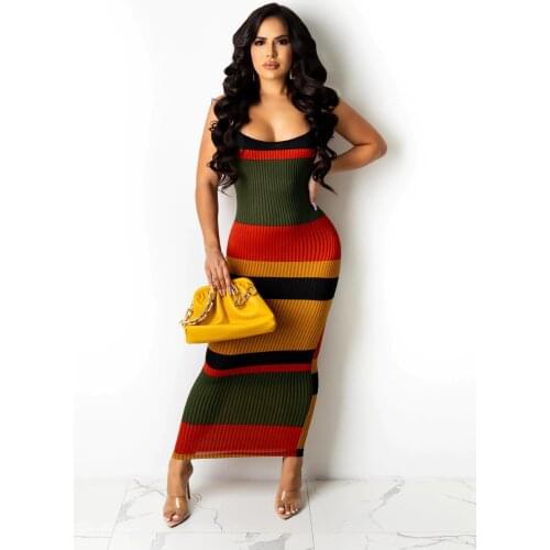 Summer Fashion Trend Ladies Printed Multicolor Halter Large Hole Striped Check Sling Dress Home Womens Clothing