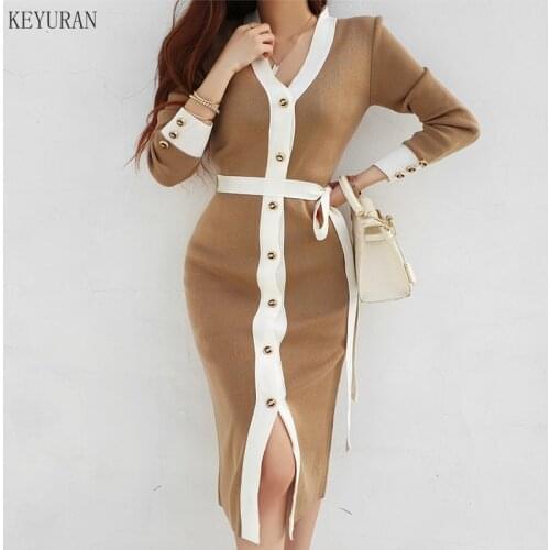 2021 New V-neck Patchwork Single-breasted Women Knitted Dress Autumn Winter Korean Elegant Belt Female Sweater Dress Vestidos