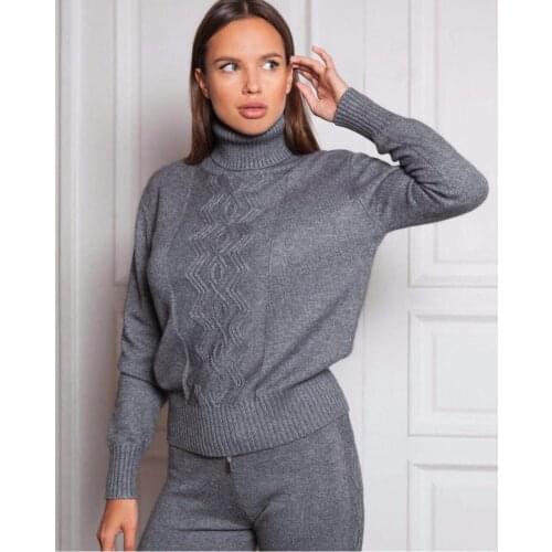 Winter Wool And Cashmere Pattern Knitted warm Suits high Collar Sweater + Mink Cashmere Trousers Leisure Two-pieces Sets wj1273